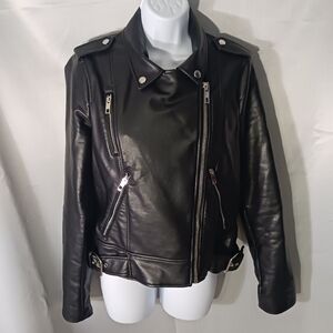 Zara Black Faux Leather Moto Jacket Size M Silver Zippers